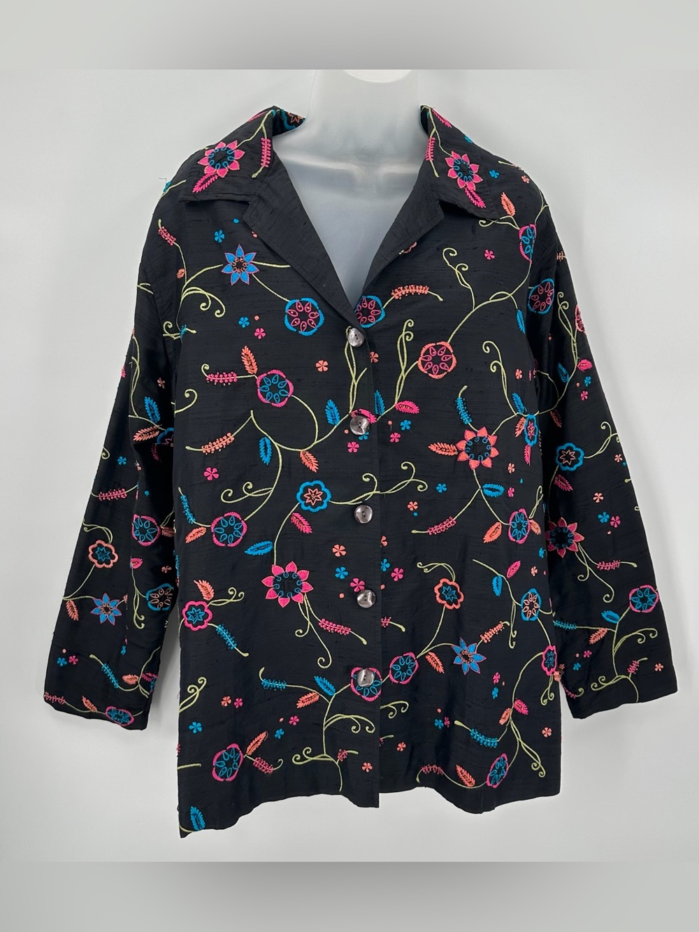 Laura Ashley Silk Jacket Top Womens 1X Plus Black Embroidered Floral VTG 90s Y2K